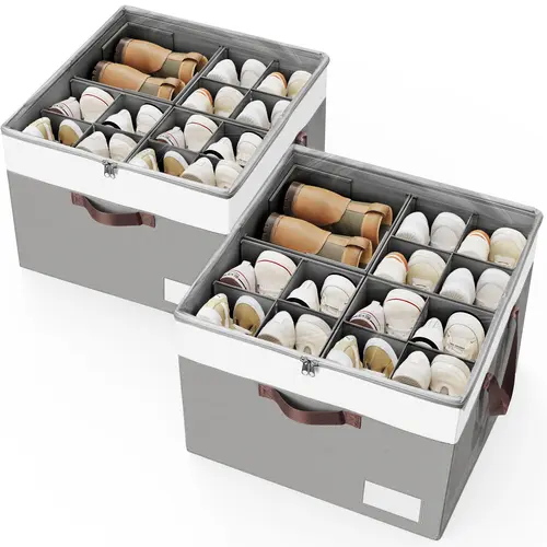 Criusia 2-Pack Shoe Storage Boxes with Adjustable Dividers, Adjustable Organiser Bins for Sneakers, Boots (Fits 16-32 Pairs), Closet Organizer