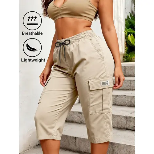 Trendy Women Solid Cargo Capri Pant Elastic Drawstring Waist Multi Flap Pockets Casual Streetwear Daily Outdoor Stylish Slim Fit Women Fashion Bottoms Must-Have Daily Outfit Pants Women's Clothing