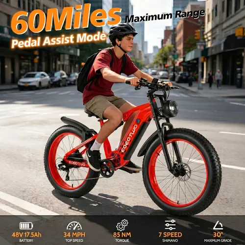 EOEOTWO E03 Peak Adult Fat-Tire Electric Mountain Bike - 1500W, 48V 17.5Ah Removable Fastcharging Battery, 60 Mi PA, 34MPH Top Speed, Adjustable Full Suspension, 7-Speed, 5 PAS Modes, Dual Disc Brakes, Display, for Hiking/Light Outdoor & Commuting