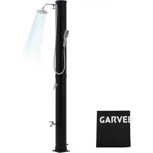 Garvee 10 Gal Solar Heated Freestanding Poolside Shower, 2-Section Brass/PVC Design with Shower Head, Foot Tap, Handheld Sprayer, Hot/Cold Control, 140°F Warm Rinse & Protective Cover for Garden Spa, 10 Gallon, 2-Section Design