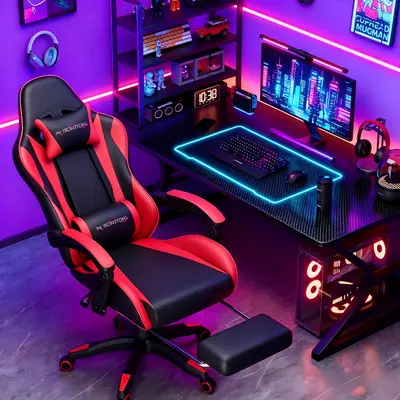 【MASSAGE CHAIR】Mr IRONSTONE Gaming Chair, Computer Chair with Massage Lumbar Support and Footrest Height Adjustable, Game Chair with 360°-Swivel Seat and Headrest, for Office or Gaming, Black/Blue