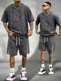 Men's Classic 2-Piece Soft Stretch Cotton Loungewear Set - Vintage Acid-Wash Distressed Crewneck Short-Sleeve T-Shirt Elastic-Waist Drawstring Wrinkle-Resistant Pockets shorts Ideal for Casual Sports Camping Summer Outfits Clothes Menswear Outdoor Suits R