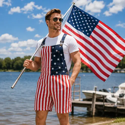 Unisex American Flag Short Overalls, 4th of July Patriotic Denim Romper, Summer Independence Day Party Outfit