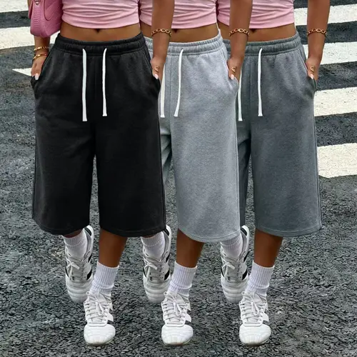Women’s 1–3-pack solid-color three-quarter wide-leg loose pants — with pockets, elastic waistband, lightweight fleece fabric, summer casual basic pants — without pockets sohochic