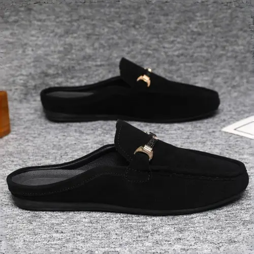 Men's Suede Toe Half-Loafer with Metal Buckle Mule Shoes Slip-On Casual and Homewear Outdoor Comfort Stylish Footwear Walking Shoes Solid Color Mules