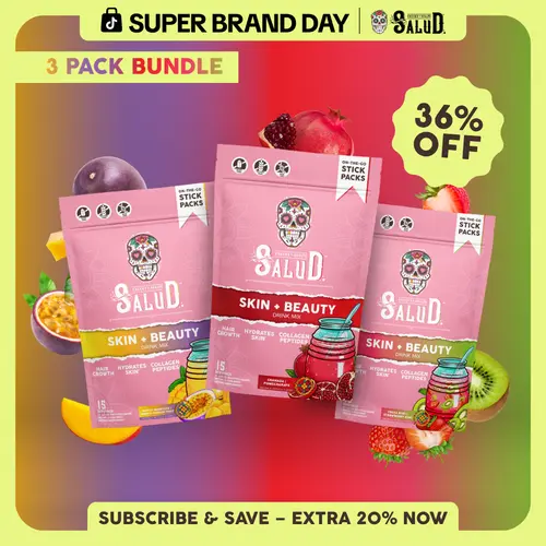Salud 2-in-1 [Skin + Beauty - Trio] Collagen Peptides Drink Mix with Verisol, Hyaluronic Acid, Vitamin C, Biotin + Lustriva, Beauty Hydration Sticks, Gluten Free, For Men & Women (3-Pack, 45 Servings)
