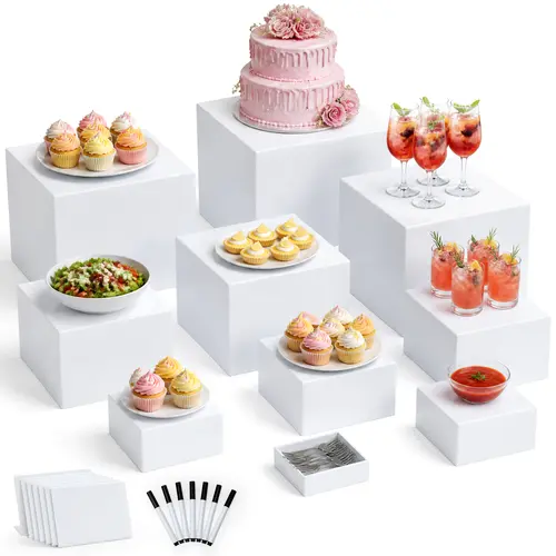10Pcs Minimalist White Acrylic Buffet Risers & Stands - Smooth, Lightweight ABS Decor Set with Hollow Bottom Nesting Cubes, Mini Sign & Marker, for Party Wedding Dessert/Cake Displays (10in,9in,8in,7in,6in,5in,5in,4in,4in,3in)