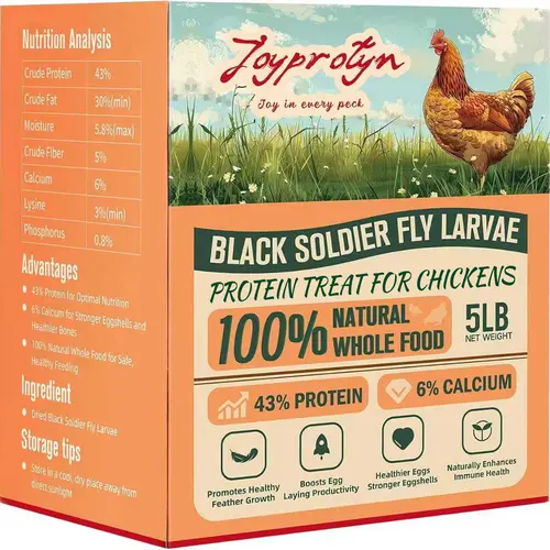 Joyprotyn 5LB Non-GMO Natural Gluten-Free Dried Black Soldier Fly Larvae Feed - 85X More Calcium Than Mealworms, Poultry Supplement for Strong Eggshells, High-Protein Food for Chickens, Geese & Ducks,sohochic