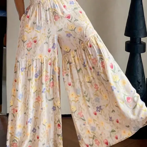 Women's Chic Boho Floral Wide Leg Pants, Fashion Loose Fit Elastic Flowy Long Trousers with Pockets, Spring & Fall Vacation Wear, Casual Style