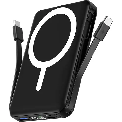 Podoru 10000mAh Magnetic Power Bank - Portable Charger for Phone, EDC Gear with Built-in Type-C, Lightning & USB-A Cables, Magnetic Wireless Charging, Smart Digital Display, Silicone Compatibility, Compact Backup, Manufacturer Warranty, Mobile,sohochic