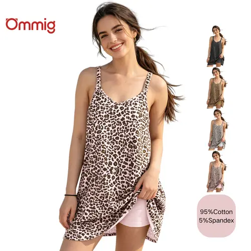 Ommig Women's Soft Leopard Print Cotton Fabric Active Wear Dress - 2-in-1 A Type Sleeveless V-Neck Spaghetti Strap Sporty Chic Casual Sundress with Built-in Shorts, for Going Out
