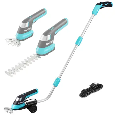 #fathersdaygift DURATECH Cordless Hedge Trimmer, 7.2V 3-in-1 Handheld Electric Grass Trimmer & Hedge Shears with 50" Wheeled Extension Pole, USB Type-C Cable and Built-in Li-ion Battery, for Garden, Yard and Lawn