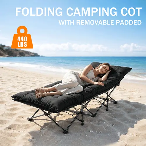 Heavy-Duty Steel Camping Cot for Adults, Extra Wide Portable Folding Bed with Removable Padded Mattress & Carry Bag, 500 lbs Capacity for Travel & Camping, Camping Accessories