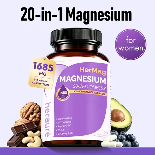 HerAure 20-in-1 Magnesium Complex 1685mg - BrainFogRelief, Reduce Overthinking & Calm Mind, StressRelief &Sleep Comfort, Digestion, Muscle & EnergySupport, 12Forms of Magnesium, B6, Zinc & SlipperyElm, beachessentials, #backtoschool, B