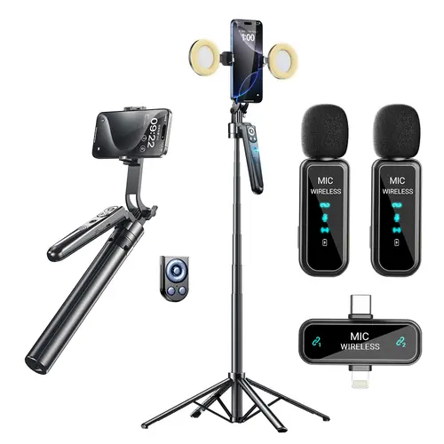 INFOJIFA 360° Rotatable Adjustable Smartphone Selfie Stick Tripod with Bluetooth Remote, Microphone & Fill Light, Automatic Face Tracking Mobile Accessories for iPhone, iPad, iOS, Android – Vlogging Equipment & Tripod Standing Photo Gear