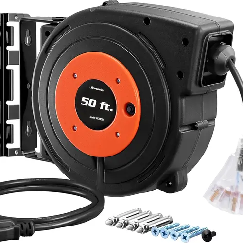 DEWENWILS Retractable Extension Cord Reel, 50 FT Heavy-Duty 14AWG/3C SJTOW Flexible Cable, UL Listed Wall Mounted Swivel Bracket, 4.5 FT Lead-In Cord, 3 Lighted Outlets, 13A Circuit Breaker, 1625W for Garage Workshop