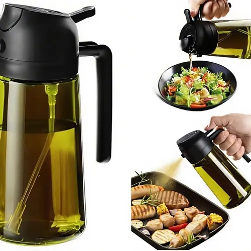 Premium 16oz Kitchen Cooking Oil Sprayer - 2-in-1 Food-Grade Safe Olive Oil Spray or Pour Dispenser, Light-Proof Dark Green Glass Bottle, Handle for Control, Ideal for Baking, Frying, Glass Body