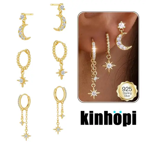 KINHOPI 3 Pairs Moon Star Set for Women Hypoallergenic 925 Sterling Silver Earrings Set 14K Gold Plated Cubic Zirconia Earrings Stacks Stud Huggie Hoops Earring Sets for Multiple Piercings Jewellery for Her