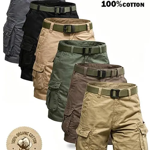 Men's 6-Pack Tactical Cargo Shorts - Male Clothing, Organic Cotton, Eco-Friendly, Multifunction Pockets, Belt, Wear-Resistant, Wrinkle-Resistant, Breathable, Suitable for Golf & Outdoor Hiking