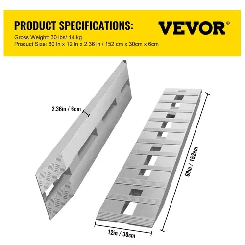 VEVOR Aluminum Trailer Ramps, 1 Pair 60''x12''x2.5'' 6000LBS Total Capacity, Beavertail Hook End, 60'' Wide Access for Motorcycle Loading, Outdoor Use for Bicycle & Truck
