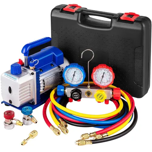 【Backtoschool】VEVOR Suction Pump 4.8CFM 1/4 HP Single Stage for HVAC A/C Cooling Systems,  5PA Ultimate Vacuum, Manifold Gauge Kit R410A R134A R22, Includes 4-Way Gauge & Hose