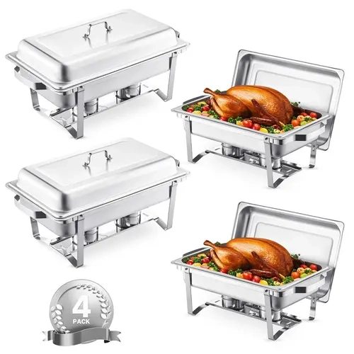 Back to School VEVOR Stainless Steel Chafing Dish Buffet Set, 8 Qt 4-Pack with 4 Full-Size Pans, Rectangle Catering Warmer Server with Lid, Water Pan, Stand, Fuel Holder, Bakeware for Home, Party, Event, Silver High Quality Bakeware