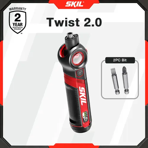 SKIL Twist 2.0 Rechargeable 4V Electric Screwdriver (Tools and Gadgets) with Pivoting Head, Torque Setting, USB-C Charging Cable, and 2-PC Bit Set