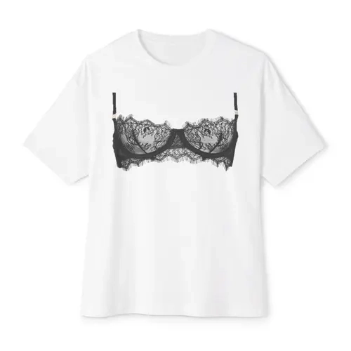Lace Bralette Print Tee | T-Shirts, Plus Size Y2K Coquette Aesthetic Graphic Tee, Women’s White Loose Fit Short Sleeve, Funny Sarcastic Lingerie Style Top, Preppy, Graphic T Shirts