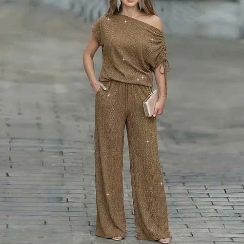 CHICME Women's 2 Pieces Outfit Rhinestone Lounge Skew Neck Top and Wide-Leg Pant Set with Pockets