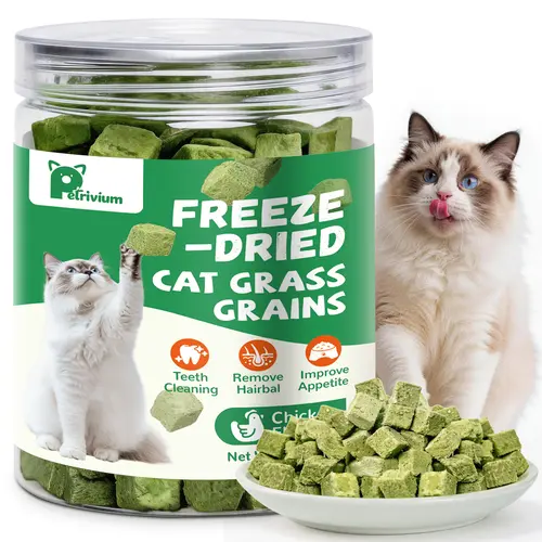 Petrivium Freeze-Dried Cat Grass Treats - 60g Frozen Chicken Breast Flavor Chews for Indoor Cats, Universal Dental Care, Hairball Control, Digestive Support with Probiotics & Prebiotics, Training Aids for Picky Eater Win