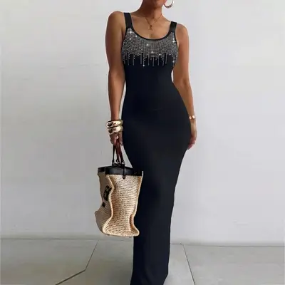 ChicMe Women's Rhinestone U-Neck Maxi Dress Slim Fit Bodycon Sleeveless Long Knit Dress Elegant Evening Party Dress
