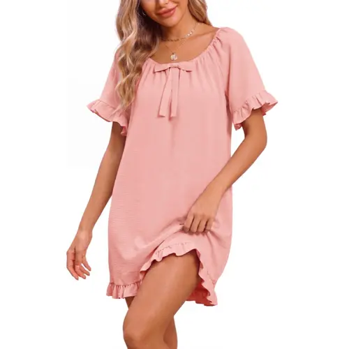 Women's Casual Lightweight Elegant Basic Loose Ruffle Sleeve Nightgown - Polyester Fabric Sleep Shirt with Bow Collar for Summer Lounging