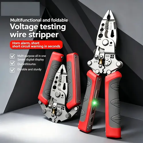 16-in-1 Multifunctional Electrician Pliers with Wire Puller, Insulated Anti-slip Grip, Built-in Flathead Screwdriver, Wire Stripper, Crimper, Hex Key, Cable Cutter, 12V-250V AC DC Voltage Tester, LED Flash, Sound Alarm for Electric Maintenance, Wire Strip