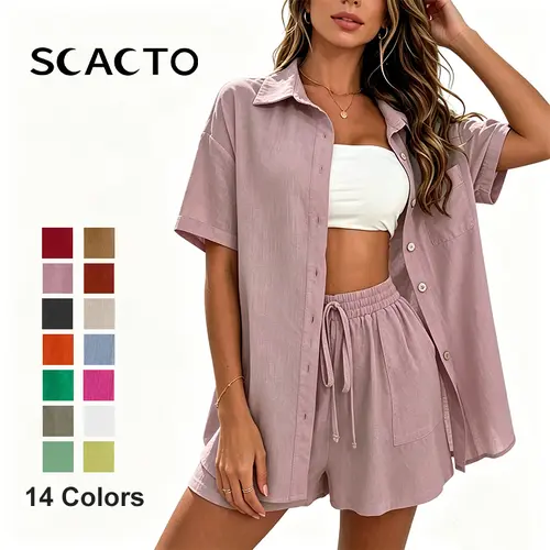 Scacto Women's Fashion Shorts Two Pieces Solid Color Shirt Suit Lady's 2-Piece Summer Casual Clothes Set - Single-Breasted Cardigan, Lapel Polyester Top & Loose-Fitting Above-Knee Woven Shorts with Slight Stretch, Stylish Loungewear, Tops,sohochic