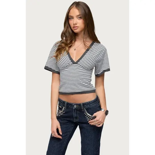 Primrosa Striped V Neck Flutter Top