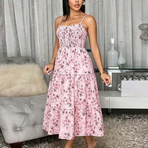 Elegant Casual Dress, Floral Print Halter Ruched Midi Dress, Women's Soft Style, Summer Picnic Essential, Beach Vacation Must-Have, Versatile Summer Dress, Chic