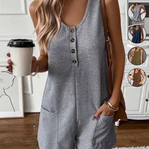 Women's Casual Solid Color Waffle Texture Button Front Loose Fit Jumpsuit Romper with Pockets, Sleeveless Romper for Summer, Comfortable and Stylish One-Piece for Daily Wear Rompers Jumpsuits