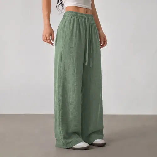Women’s summer breathable versatile casual pants, lightweight long pants for couples, minimalist solid color, everyday loose fashion trousers, suitable for vacations and daily wear, 100% polyester material