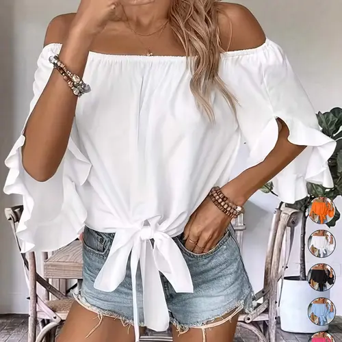Women's Casual Off-Shoulder Ruffle Bell Sleeve Shirt Blouses, Elegant Feminine Tie Hem Loose Top, Stylish and Comfortable Daily Wear