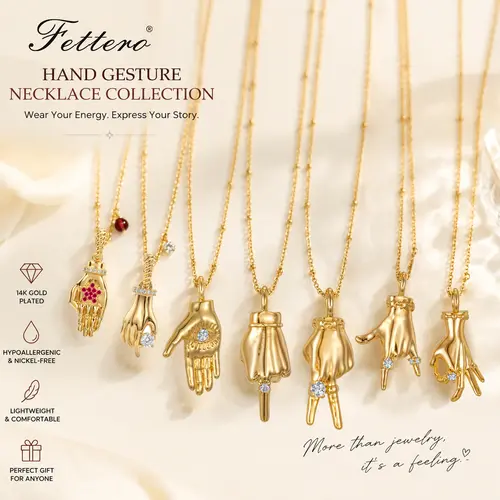 Fettero Women's Gold Plated Chain Necklace - Dainty Minimalist Pendant with OK & Hope Symbols, Tarnish-Resistant, Hypoallergenic, Synthetic Gemstone, Daily Versatile Chain, Dainty Fashion Jewelry, Meaningful Gift for Adults, Gold Plated Necklace
