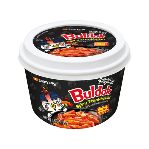 Buldak Original Tteokbokki Rice Cakes, 6-Pack Spicy Korean Instant Food Snack & Side Dish, Pantry Packaged Food with 4g Spicy Sauce, Corn Starch, Palm Oil, Monosodium Glutamate, Wheat, Dextrin, Keep Frozen Quick Snack