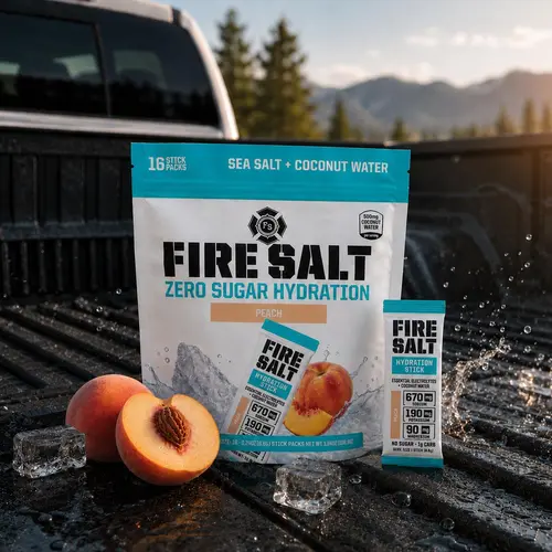FIRE SALT PEACH Hydration Sticks - Essential Electrolytes & Coconut Water - Zero Sugar - Sport Energy Drink Mix - Natural Ingredients - 3x Electrolytes - Ideal for Intense Activities - Beverage, 16 or 32 ct.