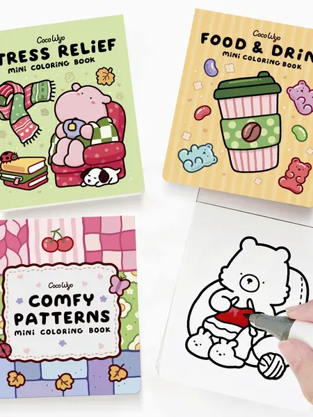 Coco Wyo Mini Coloring Book Set of 3 (3 x 3.5 in) – Stress Relief, Food & Drink, and Comfy Patterns - Relaxing Cozy Coloring, Travel-Friendly, Office Art Supplies, Mini Gifts, Party Favors