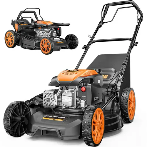Efurden 21” Self-Propelled Gas Lawn Mover, 170CC 4-in-1 Mulch/Rear Bag/Side Discharge/Rear Discharge, Walk-Behind Lawnmower with 7-Position Cutting Height, Foldable Gas Lawn Mowers for Yard Garden