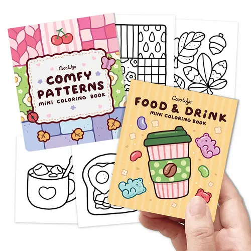 Coco Wyo Mini Coloring Book Set (2-Pack, 3x3.5 in) - Food & Drink, Comfy Patterns, Spot UV Detail, Smooth Paper, Artwork Pages - Adult Creativity, Quiet Time Office Stationery Supplies, Easy-Carry Gifts