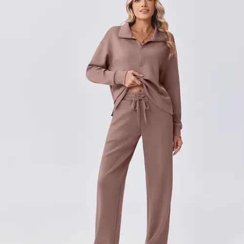 Pinspark 2 Piece Sets for Women 1/2 Zip Sweatsuit Loose Fit Sweatshirt Straight Leg Pants 2025 Matching Outfit Fall Tracksuit tiktokshopbacktoschool,back to school,back to school haul sohochic