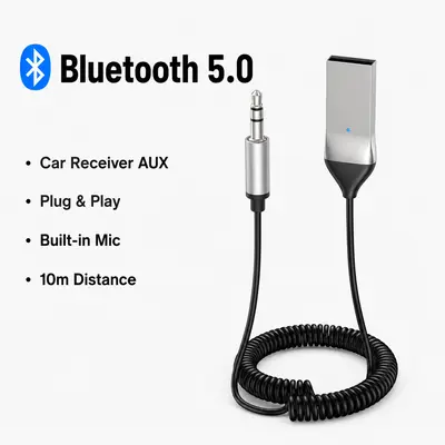 Bluetooth 5.0 Durable Alloy Wireless Receiver Adapter with Built-in Microphone, 3.5mm AUX Port, Hands-Free Driving Calling, AUX Cable, Stable Connection, for Car Speakers Home Audio Devices (Computers & Office Network Components), Plug, Bluetooth Car Adap