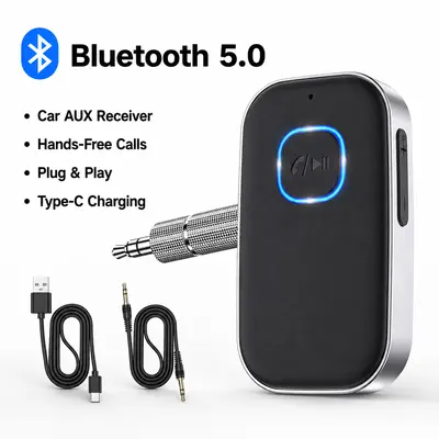 Bluetooth Car Aux Receiver - 3.5mm Wireless Adapter, Auto Accessories, Noise Cancelling, Hands-Free Calls, 16H Battery Life, Plug & Play for Home Stereo/Wired Headphones
