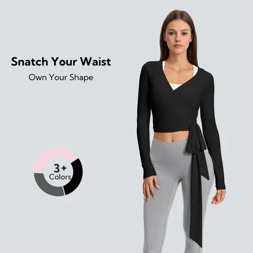 FireSwan Women's Long Sleeve Modal Wrap Top - Ruched Bodycon Yoga Crop Top, Aesthetic Gym Apparel, Athletic Style Activewear, Fitted Sportswear for Gym, Pilates, Fitness Training Wear, Workout Wear
