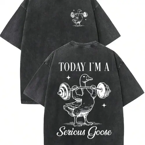 Men's Vintage Washed Black Cotton Athletic T-Shirt - Double-Sided "Today I’m A Serious Goose" Weightlifting Print, Breathable Oversized Funny Gym Meme Streetwear Top (Pairs with Jeans),sohochic